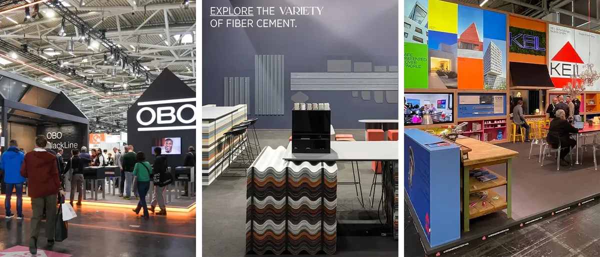 Three stand views: on the left the orange OBO Bettermann stand, in the middle the grey Etex stand with stacks of material, on the right the colourful Keil stand with workbenches