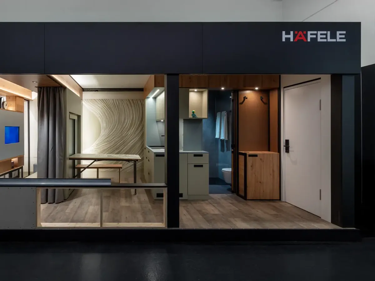 Häfele »Dynamic Living« concept: a compact 18-square-metre living solution with bathroom, kitchen and living area